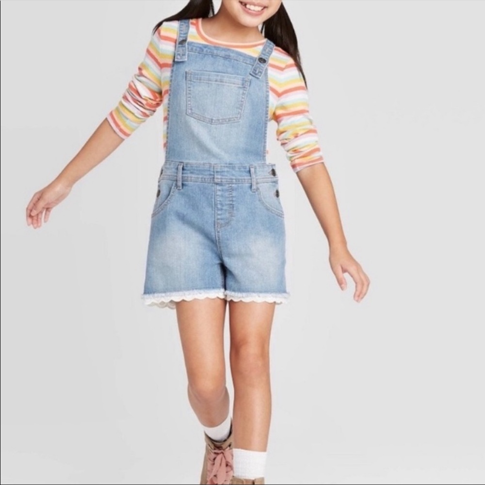 Cat & Jack girls denim overalls with lace trim hem - Picture 1 of 6